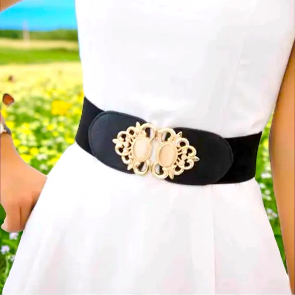 Golden‎ Double Buckle Black Waspie Belt Stretchy Elastic Accentuating Waist Band